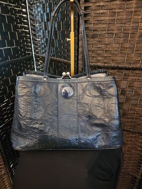 Coach Navy Patent Leather Signature Tote Bag